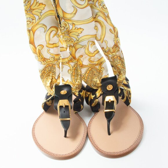 NIB Versace Medusa Ankle Wrap Silk Sash Barocco Sandals Flats Black & Gold, 37 - Picture 14 of 16